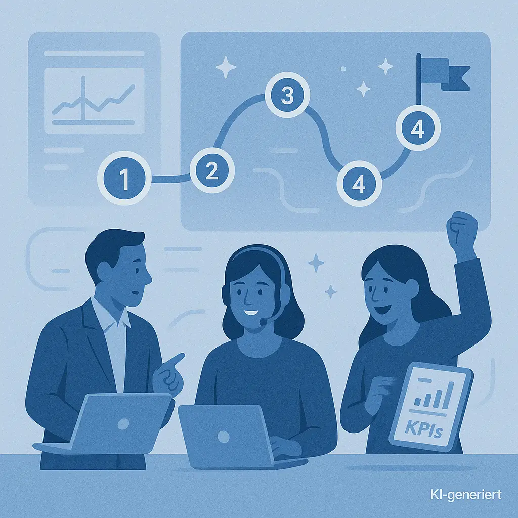 Illustration eines motivierten CX-Teams bei der Arbeit an digitalen Lösungen. Drei Personen arbeiten mit Laptops, im Hintergrund ist eine visuelle Roadmap mit vier nummerierten Etappenzielen und einer Zielflagge zu sehen. Eine Teammitglied hält ein Tablet mit dem KPI-Diagramm, eine andere Person jubelt. Die Darstellung ist freundlich, modern und in Blautönen gehalten. Unten rechts steht ‚KI-generiert‘.