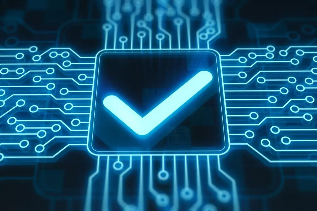 Blau weißer Haken in einer quadratischen blauen Box mit Verbindungsstrichen nach außen fortlaufend