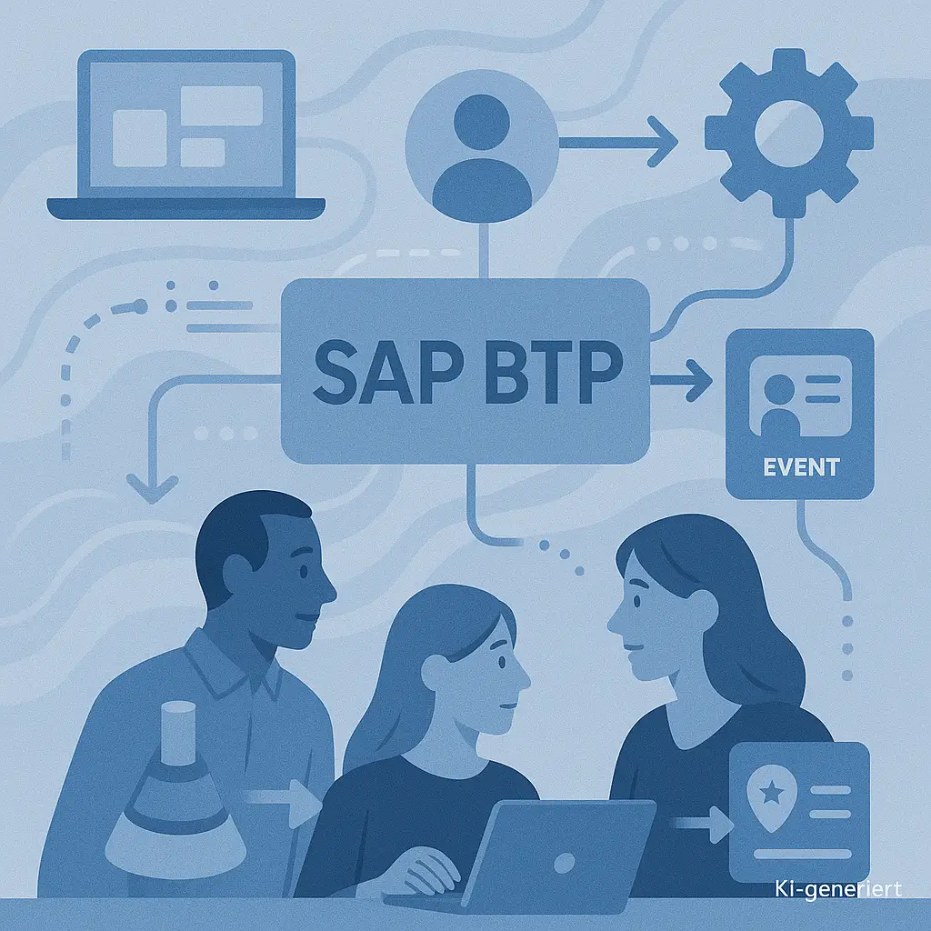 Illustration vernetzter Customer Journeys mit SAP BTP. Im Zentrum steht ein Block mit der Aufschrift ‚SAP BTP‘, umgeben von Symbolen für Benutzer, Laptop, Zahnrad, Event und individuelle Erweiterungen. Pfeile und abstrahierte Datenflüsse verbinden die Elemente miteinander. Drei Personen interagieren im unteren Bereich mit einem Laptop. Die Darstellung ist modern, strukturiert und in Blautönen gehalten. Unten rechts steht ‚KI-generiert‘.